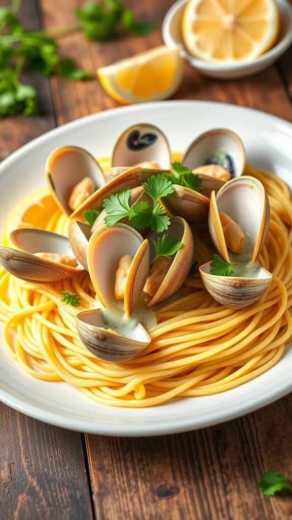 A delicious plate of garlic butter clam spaghetti garnished with parsley and lemon wedges.